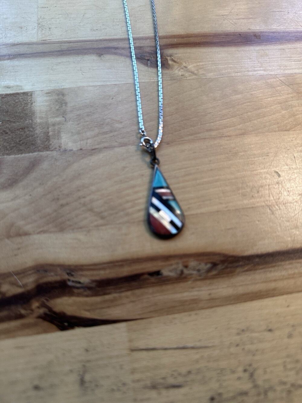 Vintage BOONE Southwestern Turquoise Multicolor Inlay Pendant Necklace Signed